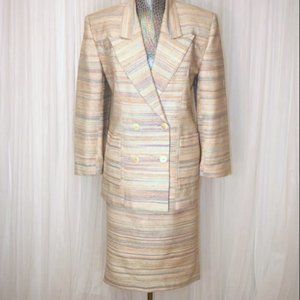 1980s S/M Vintage Textured Silk Cream Pink Pastel Simon Chang Skirt Suit Set